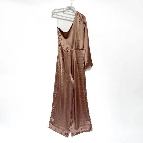 River Island Satin One-Shoulder Bronze Jumpsuit - Picture 5 of 12